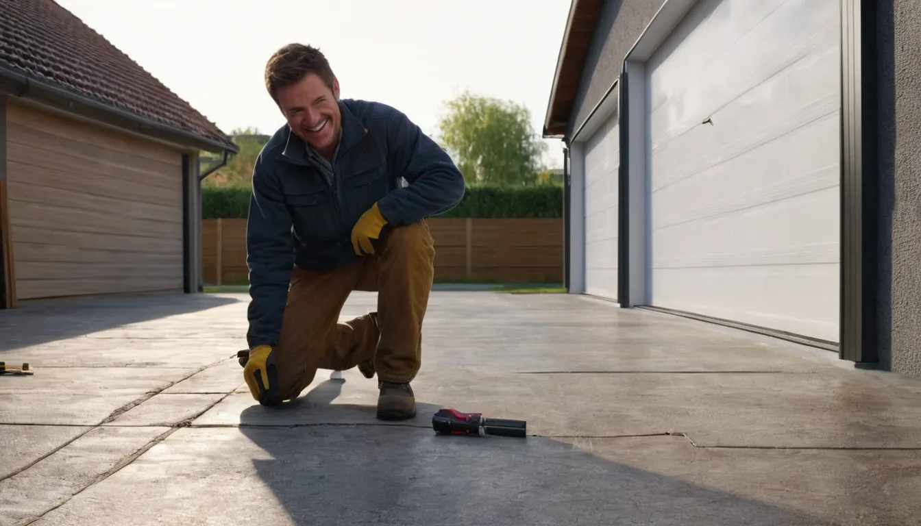 A provider checking a hairline crack on a concrete garage slab in the Glendale area