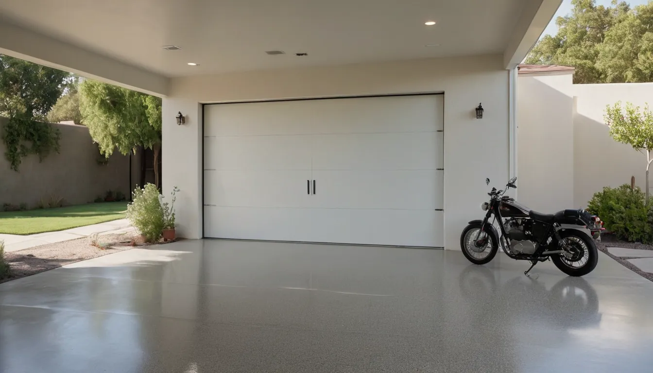 A freshly coated garage floor in a Glendale home with sunlight at the open door